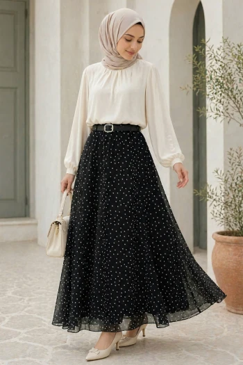 Siyah Kemerli Puantiyeli Şifon Etek