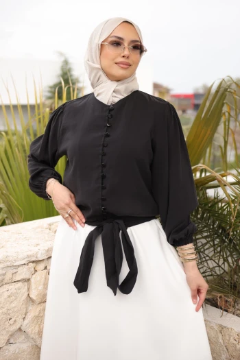 Siyah Kol Lastikli Bel Bağlamalı Gömlek