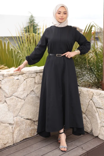 Siyah Kol Lastikli Kemerli Parçalı Dabıl Elbise