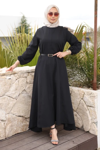 Siyah Kol Lastikli Kemerli Parçalı Dabıl Elbise