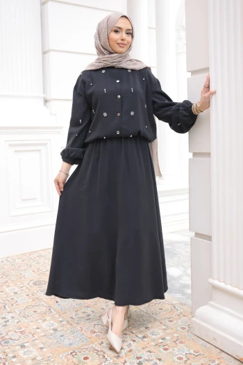 Siyah Kol Ve Bel Lastikli Taşlı Ceket Etekli Takım