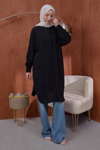 Siyah Kolları Nervürlü Linda Tunik
