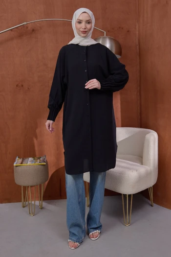 Siyah Kolları Nervürlü Linda Tunik