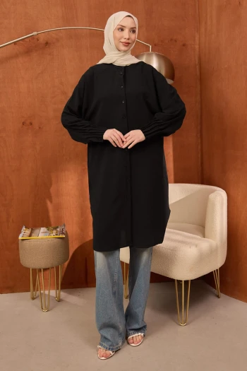 Siyah Kolları Nervürlü Linda Tunik