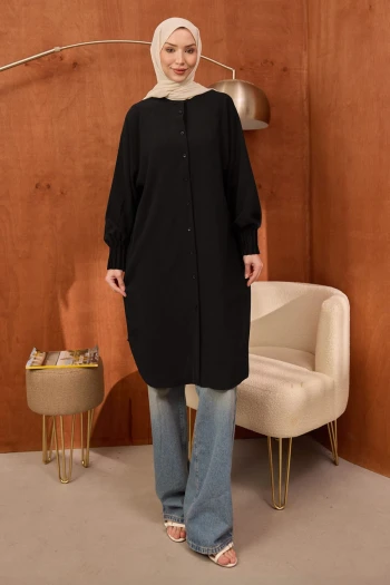 Siyah Kolları Nervürlü Linda Tunik