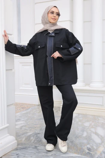 Siyah Kot Garnili Ceket Pantolonlu Takım