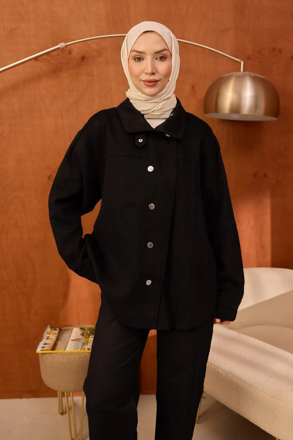 Siyah Kravuze Yaka Düğmeli Oversize Kot Ceket