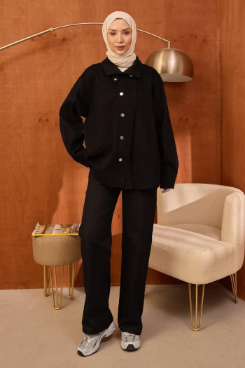 Siyah Kravuze Yaka Düğmeli Oversize Kot Ceket