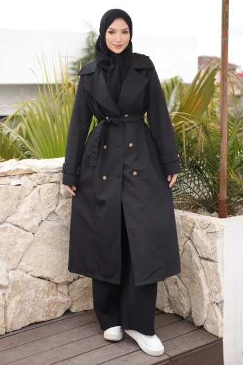 Siyah Kruvaze Yaka Düğmeli Trençkot