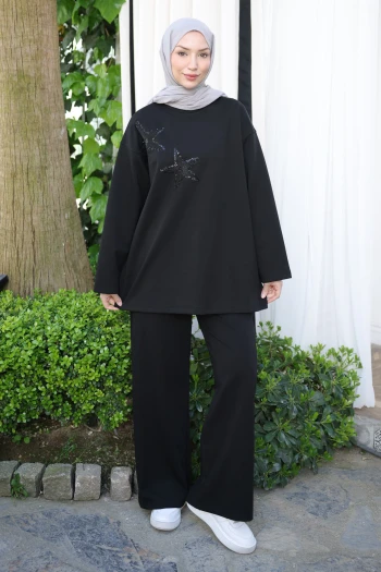 Siyah Nakış İşlemeli Tunik Pantolonlu Takım