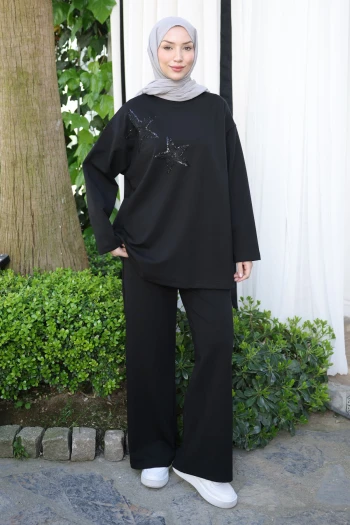 Siyah Nakış İşlemeli Tunik Pantolonlu Takım