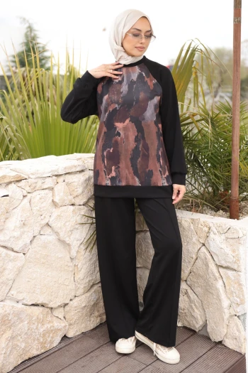 Siyah Ön Batik Desenli Reglan Kol Tunik Pantolonlu Modal Takım