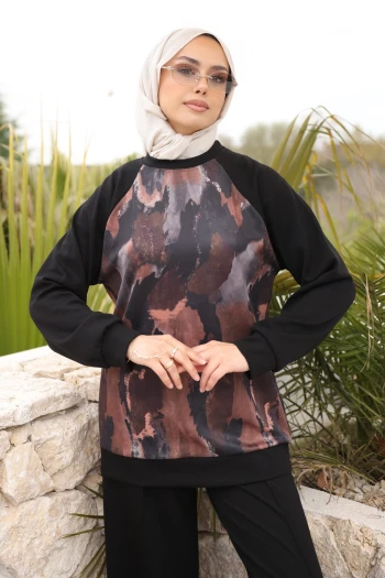Siyah Ön Batik Desenli Reglan Kol Tunik Pantolonlu Modal Takım