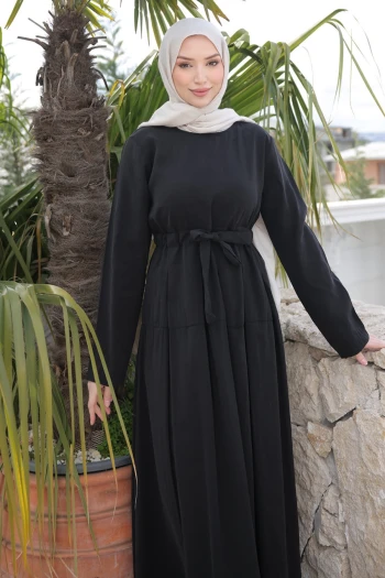 Siyah Ön Etek Pileli Belden  Bağlamalı Modal Dokuma Elbise