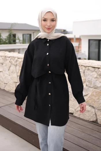 Siyah Önü Alerli Düğmeli Tunik