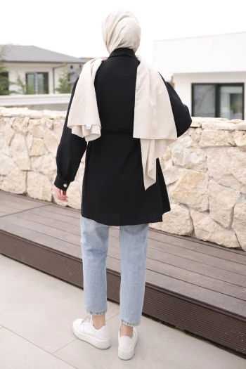 Siyah Önü Alerli Düğmeli Tunik