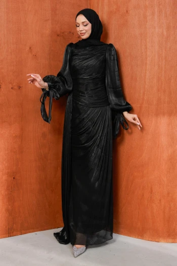 Siyah Önü Büzgülü Şifon abiye