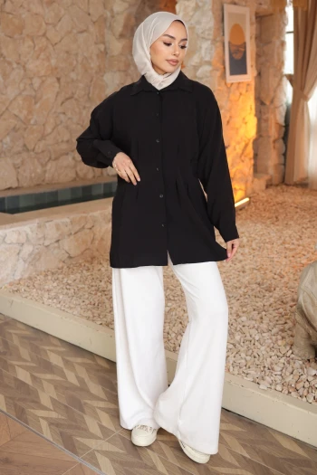 Siyah Önü Pens Detaylı Modal Dokuma Gömlek