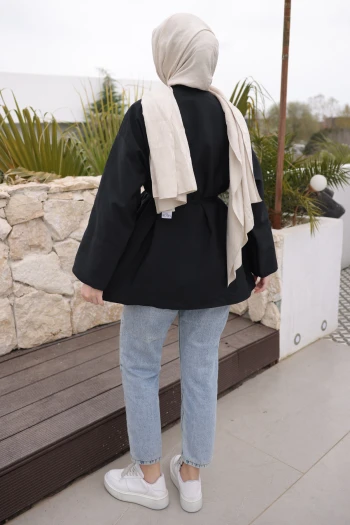 Siyah Önü Piliseli Bağlamalı Tunik