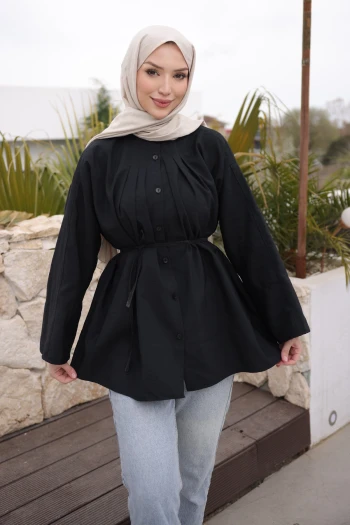 Siyah Önü Piliseli Bağlamalı Tunik