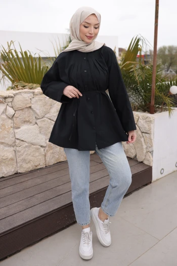 Siyah Önü Piliseli Bağlamalı Tunik