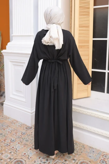 Siyah Pens Dikişli Bel Lastikli Modal Dokuma Elbise