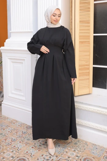 Siyah Pens Dikişli Bel Lastikli Modal Dokuma Elbise