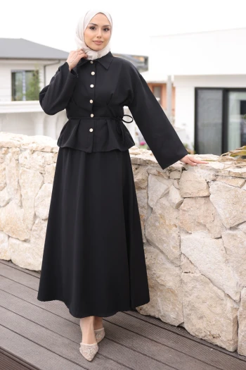 Siyah Pens Dikişli Gömlek Etekli Dabıl Takım