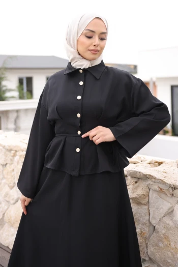 Siyah Pens Dikişli Gömlek Etekli Dabıl Takım