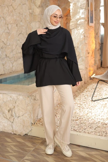 Siyah Şal Detay Bel Bağlamalı Bluz