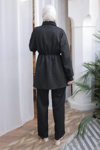 Siyah Taş Detaylı Bel Lastikli Tunik Pantolonlu Scuba Takım