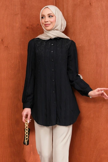 Siyah Taş Detaylı Düğmeli Tunik Tunik