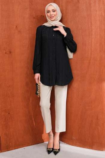 Siyah Taş Detaylı Düğmeli Tunik Tunik