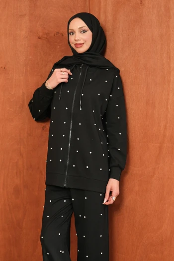 Siyah Taş Detaylı Tunik Pantolonlu Takım