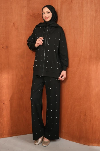 Siyah Taş Detaylı Tunik Pantolonlu Takım