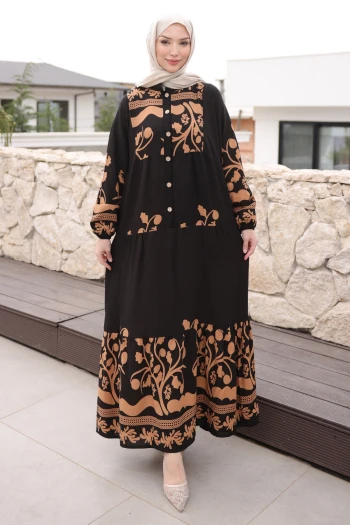 Siyah Vizon Yarım Düğmeli Kol Lastikli Viskon Elbise