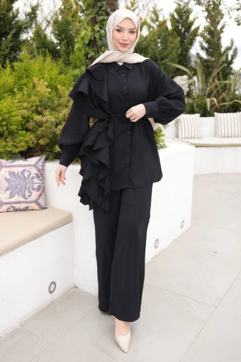 Siyah Volanlı Bel Bağlamalı Tunik Pantolonlu Takım
