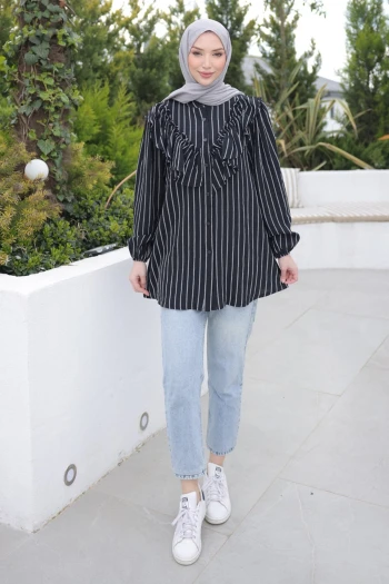Siyah Yaka Detaylı Kol Lastikli Çizgili Gömlek