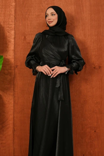 Siyah Yan Bağlamalı Kol Detaylı Abiye