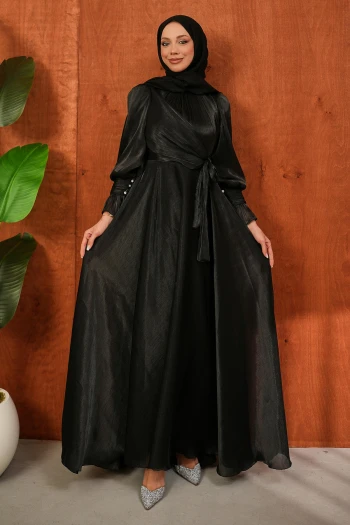 Siyah Yan Bağlamalı Kol Detaylı Abiye