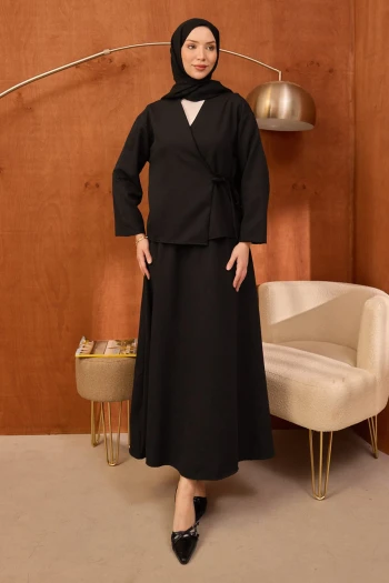 Siyah Yandan Bağlamalı Dabıl Kimono Etekli Takım