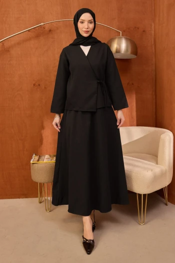 Siyah Yandan Bağlamalı Dabıl Kimono Etekli Takım