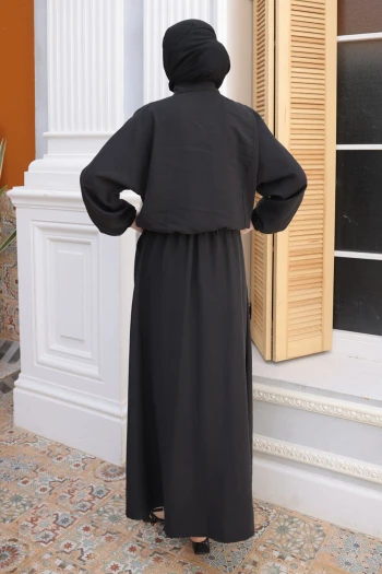 Siyah Yarasa Kol Asimetrik Cepli Ceket Etekli Takım