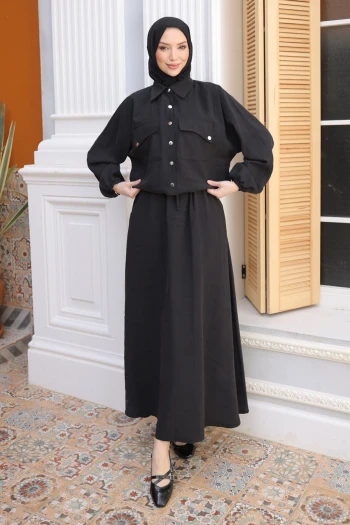 Siyah Yarasa Kol Asimetrik Cepli Ceket Etekli Takım