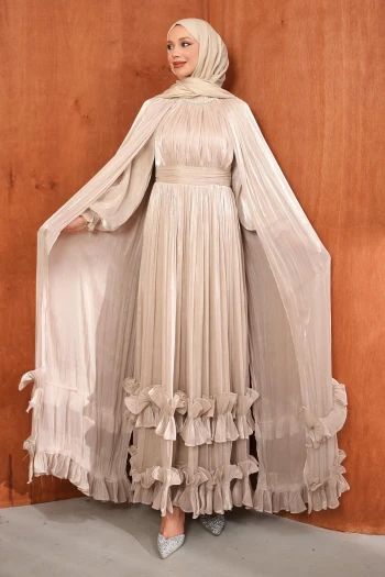 Taş Etek Ucu Fırfırlı Pelerinli Abiye