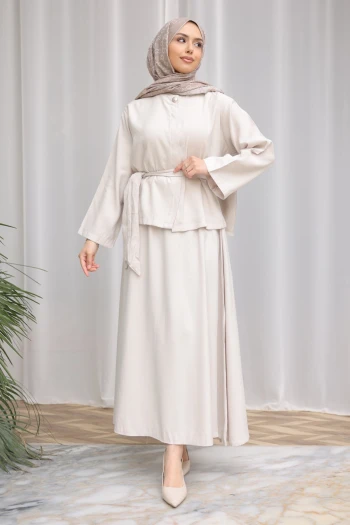 Taş Gizli Düğmeli Bel Kuşaklı Gömlek Etekli Takım