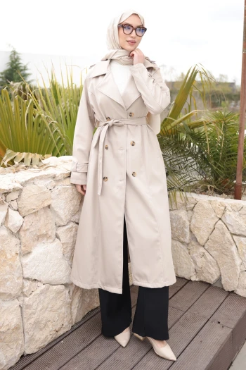 Taş Kruvaze Yaka Düğmeli Trençkot