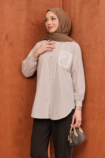 Vizon Düğmeli Çizgili Taş Detaylı Gömlek