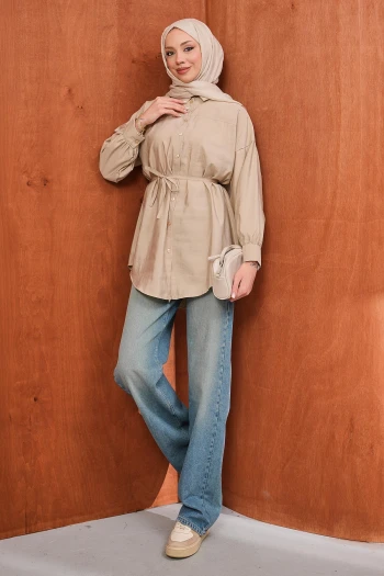 Vizon Düğmeli İp Bağlamalı Modal Gömlek