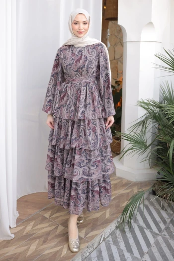 Vizon Eteği Katlı Desenli Şifon Elbise